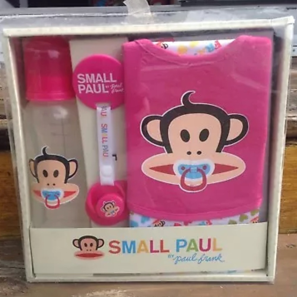 Small Paul Frank Baby Julius Monkey Bib Burp Cloth Bottle Pacifier Clip Vintage
